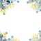 Christmas composition corner top view. Colorful winter background with green Xmas tree twig, blue decoration and gold stars