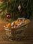 Christmas composition with evergreen and fresh clementines