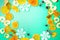 Christmas composition. Fruits, Snowflakes, Fir Cones on green background. Citrus winter holiday. Flat lay, top view, copy space