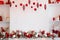 Christmas composition. Garland made of red and white balls and fir tree branches on white background. Christmas, winter