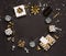 Christmas composition. Gold and silver decorations, mirror disco balls, gifts on  dark black background