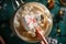 Christmas composition, mug with hot chocolate with melted snowman marshmallows and caramel. horizontal frame over green background