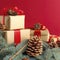 Christmas composition of pine cones, spruce branches and stack of gift boxes on red background