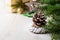 Christmas composition with pinecone on light background. Selective focus.