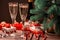 Christmas composition. Two glasses of champagne, a lot of gift boxes with bows and decorative ribbons. Festive New Year