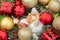 Christmas composition on a white sheet with a Christmas tree balls and angels