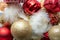 Christmas composition on a white sheet with a Christmas tree balls and angels