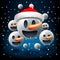 Christmas concept for people teamwork, blue background with group of smiley snowman emoticon with Santa`s hat, emoji