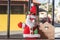 Christmas concept with plush Santa Claus and a sign written Merry Christmas copy space on the left