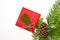 Christmas concept: red envelope decorated with a pine branch, ch