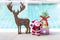 Christmas concept, Santa claus with wooden reindeer with golden bell