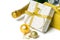 Christmas concept - silver and gold presents with champagne and balls