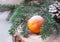 Christmas concept with Tangerines, Snow, boke and snowflakes, on wooden background