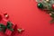 Christmas concept. Top view photo of pine branch decorated with green gold and red baubles star ornament big giftbox with ribbon