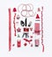 Christmas concept. Various festive holiday objects: gift ribbons,Santa ,balls, table place setting with cutlery, Christmas tree