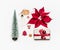 Christmas concept. Various holiday objects: gift, Christmas tree, decorations, red poinsettia, snowman, tags on white