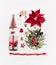 Christmas concept. Various holiday objects: gift, Christmas tree, table place setting with cutlery and decorations, fir branches