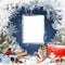 Christmas congratulatory background with card for text, gifts, mailbox with letters, bird, Santa Claus and pine branches