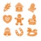 Christmas cookies collection with gingerbread cookies figures - bell, gingerbread men, heart, rocking horse, house, horseshoe,