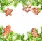 Christmas cookies, gingerbread man, conifer tree branches frame. Christmas card, empty blank. Watercolor