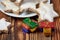 Christmas cookies and parcels on wooden table