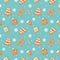 Christmas cookies pattern. Gingerbread man, house, tree, present box on pastel blue background.