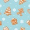 Christmas cookies seamless pattern. Gingerbread man, house, tree, present box on pastel blue background.