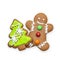 Christmas cookies, snowman, X`mas tree, gingerbread isolated on white background with clipping path for Xmas party holiday