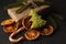 Christmas cookies, walnuts, nuts, pine cones and fir branches on