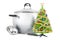 Christmas cooking concept, Steel stock pot with Christmas tree. 3D rendering