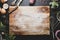 Christmas cooking or menu mock up. Empty cutting board and kitchen utensiles on dark background. Top view. Copy space