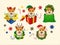 Christmas Corgi Heads with Deer Antlers, Christmas decorations with Santa and Elf Hats, Gift Boxes and Wreath. Vector