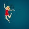 Christmas at coronavirus pandemic people celebration, Jumping dancing girl in medical face mask, red dress on blue background, Vec