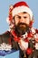 Christmas corporate party concept. Man in smart suit, Santa hat