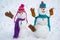 Christmas corporate party. Group of snowman celebrating new year. Passion dating and love. Portrait snowman in love