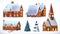 Christmas. Cottages, country houses. Festive Christmas decorations. New Year. Set of 3d vector icon