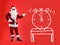 Christmas countdown. Alarm clock showing five minutes to midnight near Santa Claus on red background