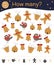Christmas counting game with gingerbread man, bell, present, bird. Winter math activity for preschool children.