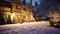 Christmas in the countryside manor, English country house mansion decorated for holidays on a snowy winter evening with snow and