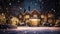 Christmas in the countryside manor, English country house mansion decorated for holidays on a snowy winter evening with snow and