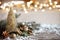 Christmas cozy background with decor details, snow and blurry lights copy space