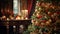 Christmas cozy interior. Majestic Christmas tree with colorful vintage ornaments and baubles