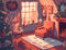 Christmas cozy room, cartoon illustration. Generative AI