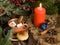 Christmas cozy still life, hot chocolate with marshmallows, candles, Christmas decorations