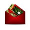 Christmas credit card in red envelope over white