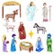 Christmas Crib, Holy Family, Christmas nativity scene with baby Jesus, Mary and Joseph in the manger with sheep, cow