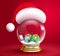 Christmas crystal ball vector design. 3d realistic snow ball with santa hat and gift boxes elements in red background.