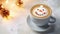 Christmas cup of coffee with latte art, milk foam snowman. Cozy atmosphere. Holiday background with copy space