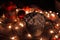 Christmas Cup with marshmallow, luminous garland on a wooden Board