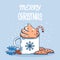 Christmas cup of Whipped coffee milk and sweet chocolate chip cookies. Vector winter Chriistmas card with red holly berry on blue